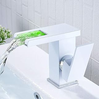 Grifo de lavabo con cascada LED con RGB 3 colores cambiantes para baño, monomando (blanco)