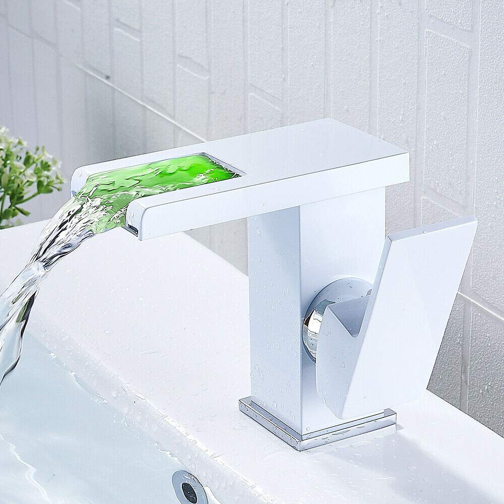Armatura umywalkowa LED, kran wodospadowy, armatura łazienkowa, bateria jednouchwytowa, kran do łazienki, umywalka, armatura (biała)