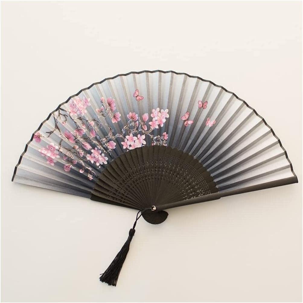 ENESEA Retro folding hand-held fan, Folding Hand Fans Folding Fan Retro Black Floral Tassel Fans Bamboo Silk Folding Fans for Dancing Show Tea Party Wedding Decoration Hand Held Fans