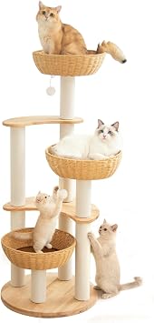 Cat Tower, Wooden Natural Wood Used, Stationary, Large Cats, Stylish, Round Base, Height 52.4 inches 133 cm, Rubber Wood, Large, Handwoven Basket, Interior Design, For Multiple Pets, Slim