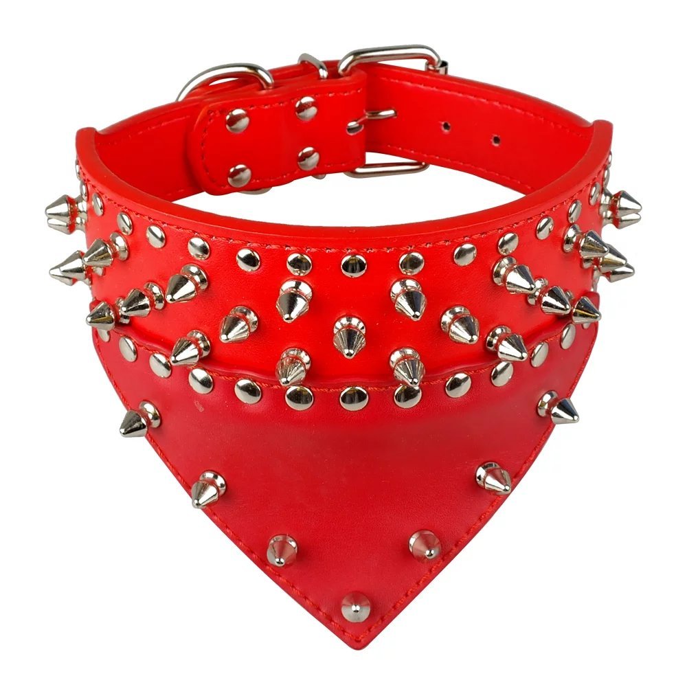 Didog 2" Width Bandana Style Scarf Leather Dog Collar, Spiked Studded Fit Dalmatian Pit Bull Terrier,Red XL Size