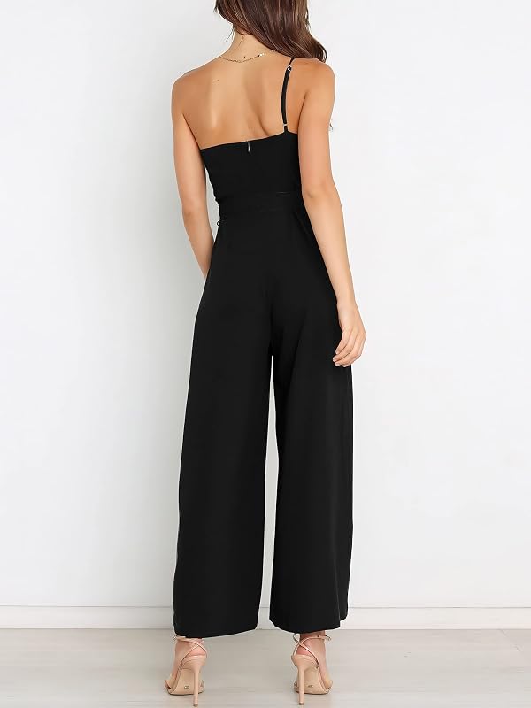 ANRABESS Women Summer Dressy Jumpsuits One Shoulder Sleeveless Casual Wide Leg Pants Romper Jumper 2025 Trendy Fall Outfits Black Medium image 3