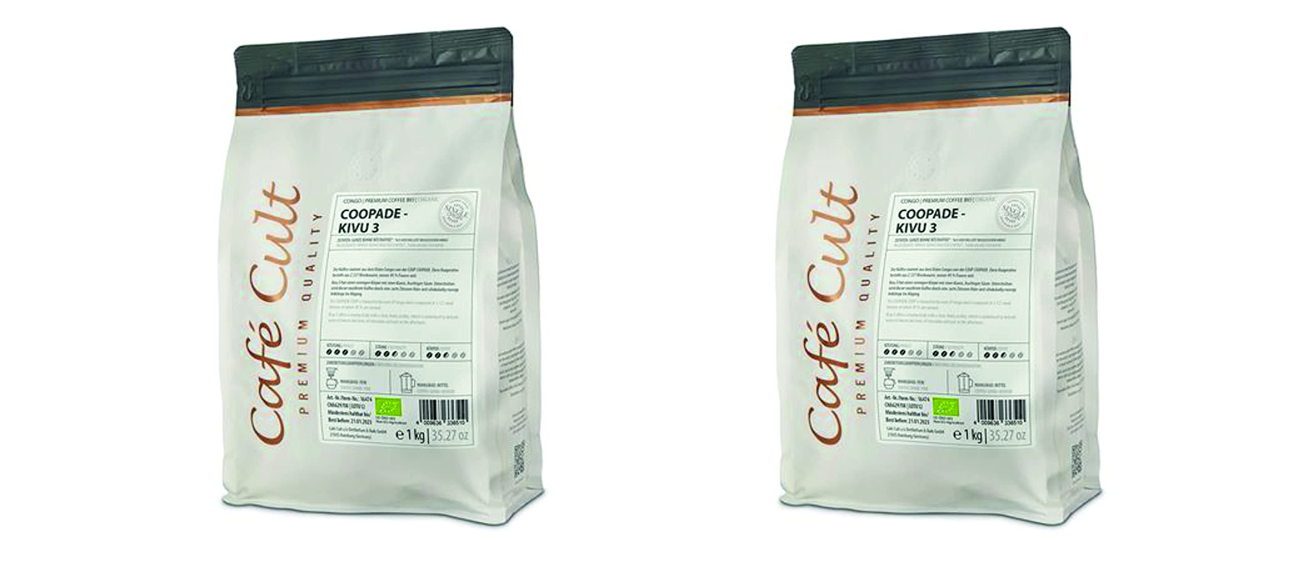 2 X NEU Café Cult BIO Kaffee Congo Coopade Kivu 3 k.b.A. in 1 kg Tüte, ganze Bohne DE-ÖKO-006 = 2 kg