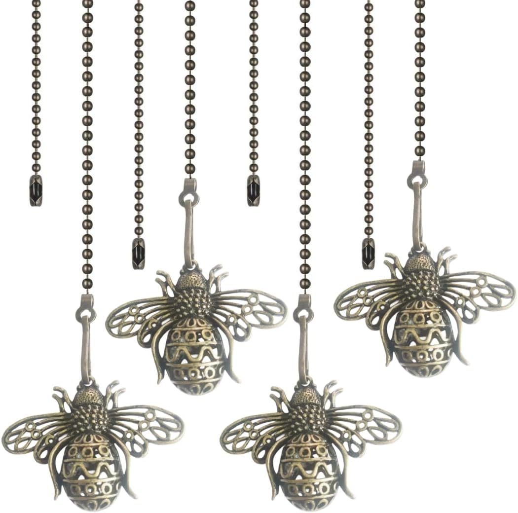 Vintage Queen Bee Charm Pendant Ceiling Fan Danglers Fan Pulls Chain Extender 12 inch with Ball Chain Connector 4Pcs