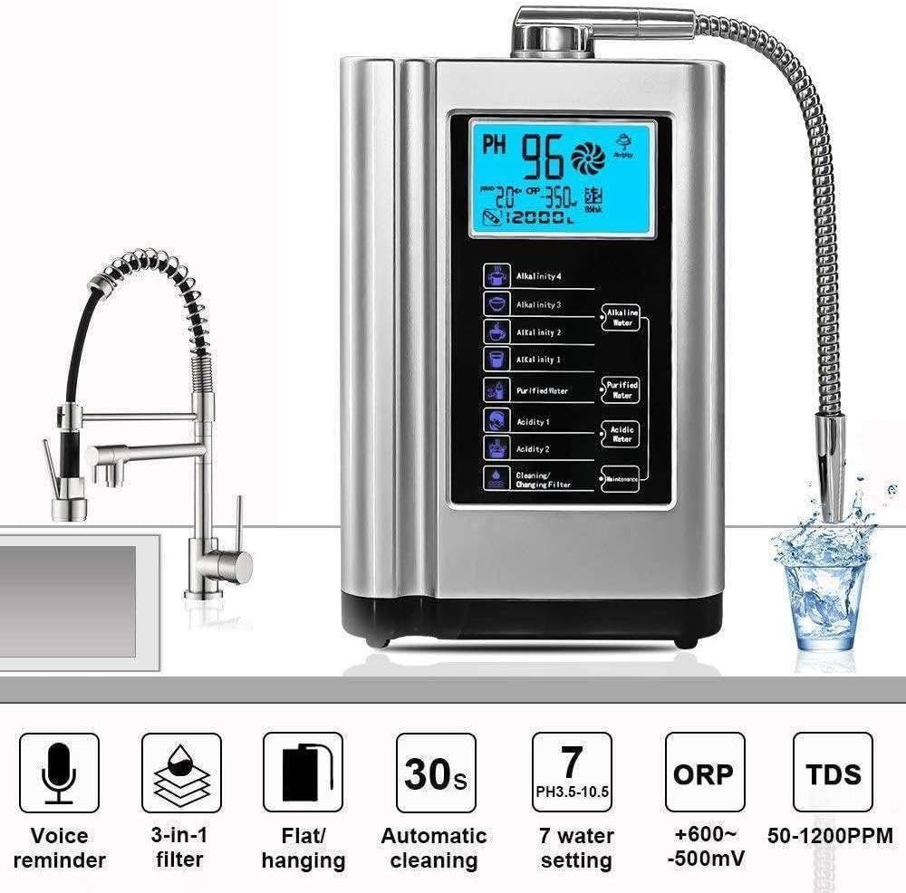 Alkaline Water Ionizer Machine AG7.0, Home Filtration System Produces pH 4-10.5 Water Up to -500mV ORP, 8000L Per Filter, Auto-Cleaning, 285x170x110 mm,Silver