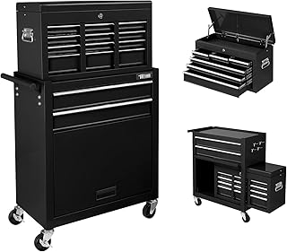 TUFFIOM 8-Drawer Rolling Tool Chest w/Lock & Key, Tool Storage Cabinet w/Wheels, Detachable Top, Drawers & Drawer Liners, Tool Organizer Box for Garage, Warehouse & Repair Shop, Black