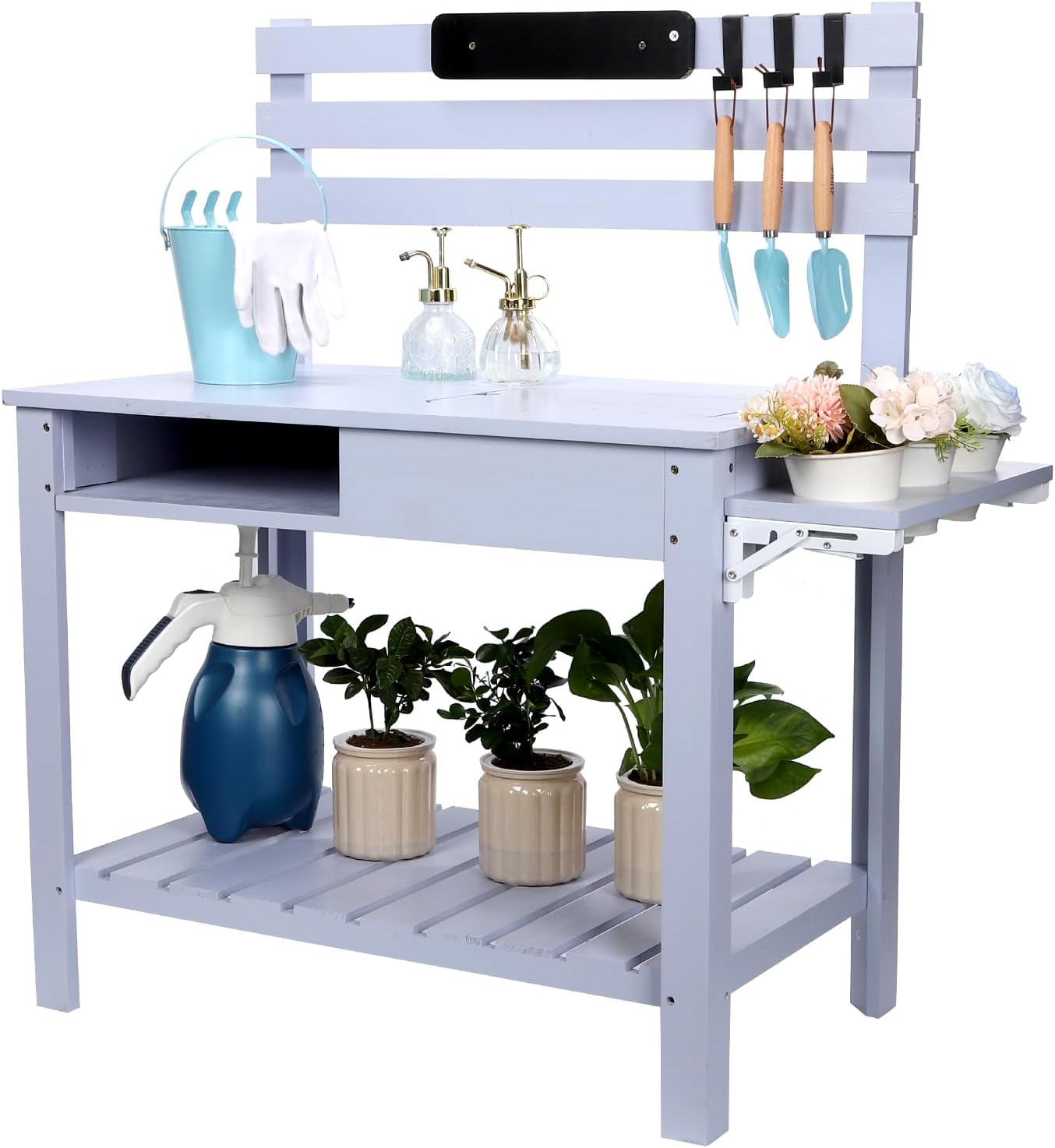 Potting Bench Outdoor Potting Table—All-Weather Kids Solid Wood Garden Work Station with Sink、Hooks、3Flower Pots, Weather Proof（Blue, Large）