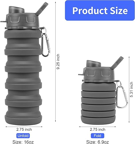 Miniatura 2 de Botella de agua plegable paquete de 2 botellas de agua plegables de silicona con mosquetón botella de agua expandible sin BPA 169fl oz a prueba de