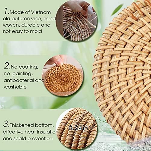 Rattan Coasters Set of 6pcs Handmade Woven Cup Coasters with Holder, Round Natural Rattan Cup Mats for Drinks Tea Cup Placemats Weave Cup Mat Decorative Cup Holder for Kitchen Table Drinks