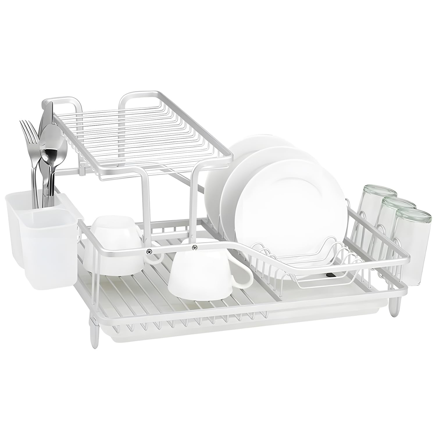 Wintem Escurreplatos de 2 Niveles de Aluminio antioxidante 55,5 x 35 x 27,3 cm Blanco – Incluye portavasos en el Lado del Nivel Superior, Patas Antideslizantes, Accesorios extraíbles y Divisor