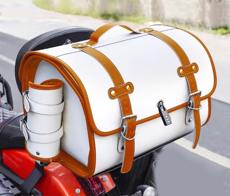 FXDSCA Bolsa Moto Alforjas Moto para PCX125 PCX150 PCX 125 PCX150 PCX 160, Bolsa de Sillín de Motocicleta Gran Capacidad Baúl de Moto Bolsa Herramienta Motocicleta Cuero Viajes,B White Brown