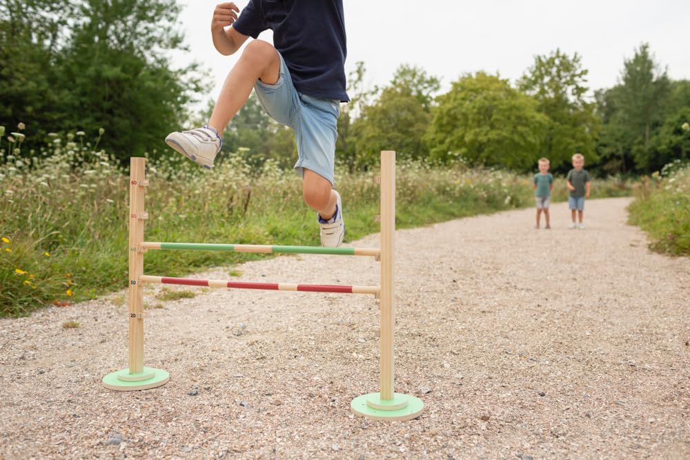 BS Toys Haie de Saut en Bois FSC pour Enfants - Obstacle réglable en Hauteur pour Saut d'obstacles - Jouet d'extérieur à partir de 6 Ans, Moyen