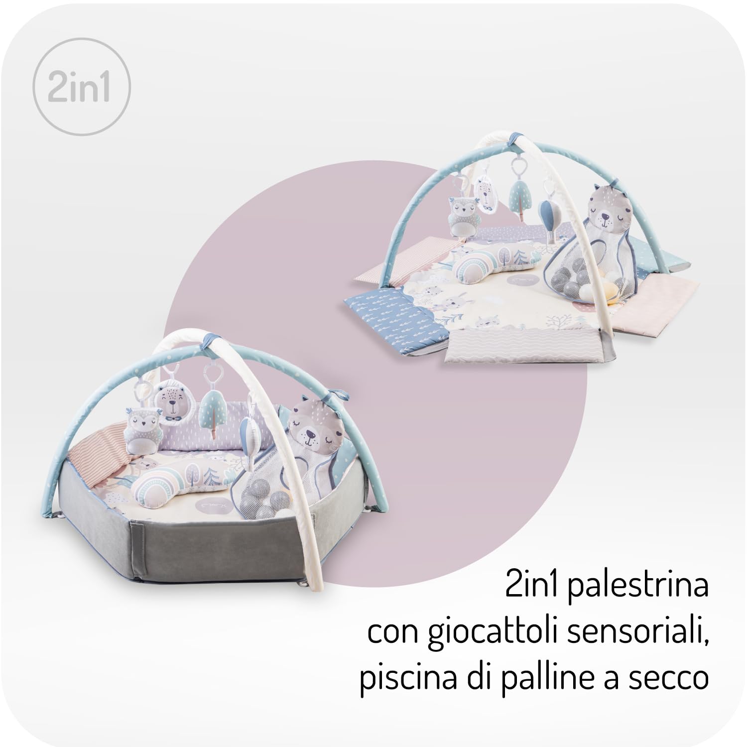 MoMi PASTEL arco gioco con tappetino per gattonare 3 in 1 per bambini dalla nascita, tappetino per attività sensoriali con 2 archi, bagno con palline,