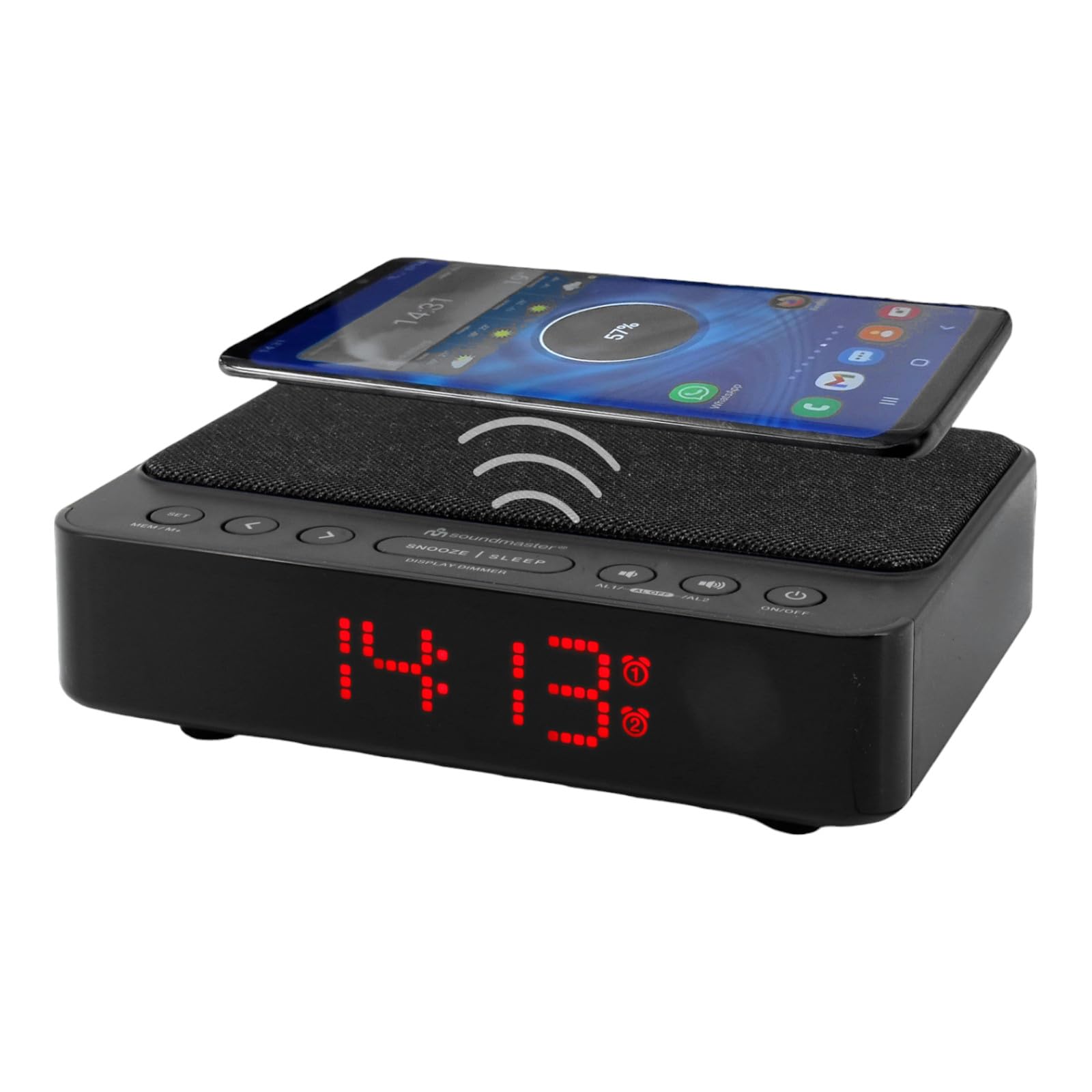 Soundmaster UR124SW Radio despertador con estación de carga inalámbrica, cargador inalámbrico para iPhone/Samsung Galaxy, pantalla LED, atenuador de 4 niveles, 2 alarmas, radio sin tictac