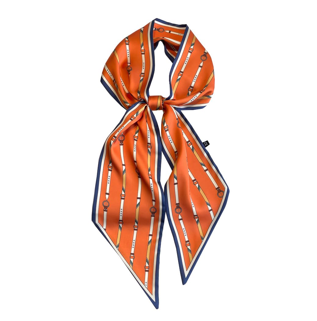 JERLA Mulberry Silk Like Head Scarf Hair band Ribbon Women's Fashion Neck Satin Scarfs for Bag Hair handbag Scarves, 1 orange chain, 57"X5.5"