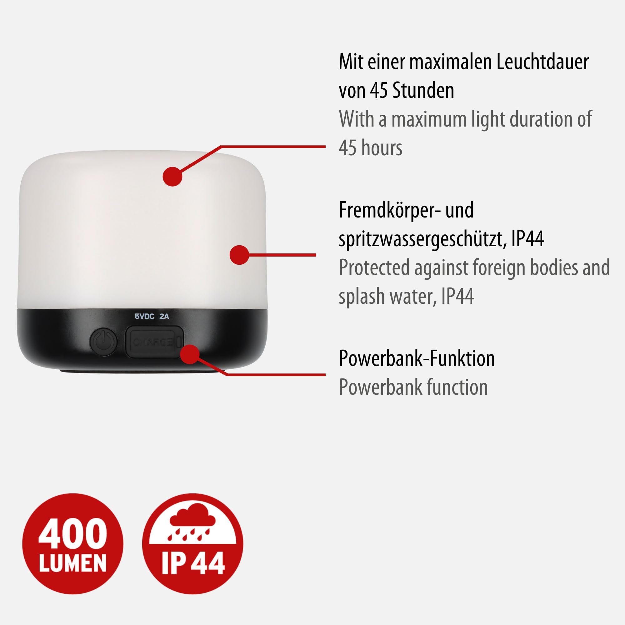 Brennenstuhl ładowalna solarna lampa zewnętrzna LED GL 400 AS (lampa kempingowa IP44 o mocy 400 lm, czas świecenia do 45h, 3 poziomy przełączania, wymienny akumulator 18650, powerbank, kabel USB C)