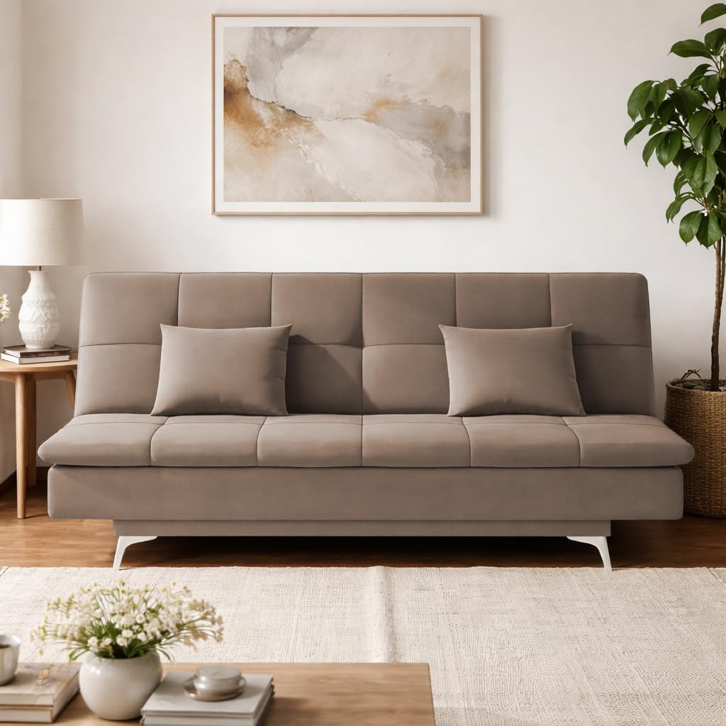 Adorn India Premium New Aspen 3 Seater Sofa Cum Bed 4X6 Velvet Suede with 2 Cushions (Color Camel) and Suitable for All Indoor, with 3 Years Warranty-image-22