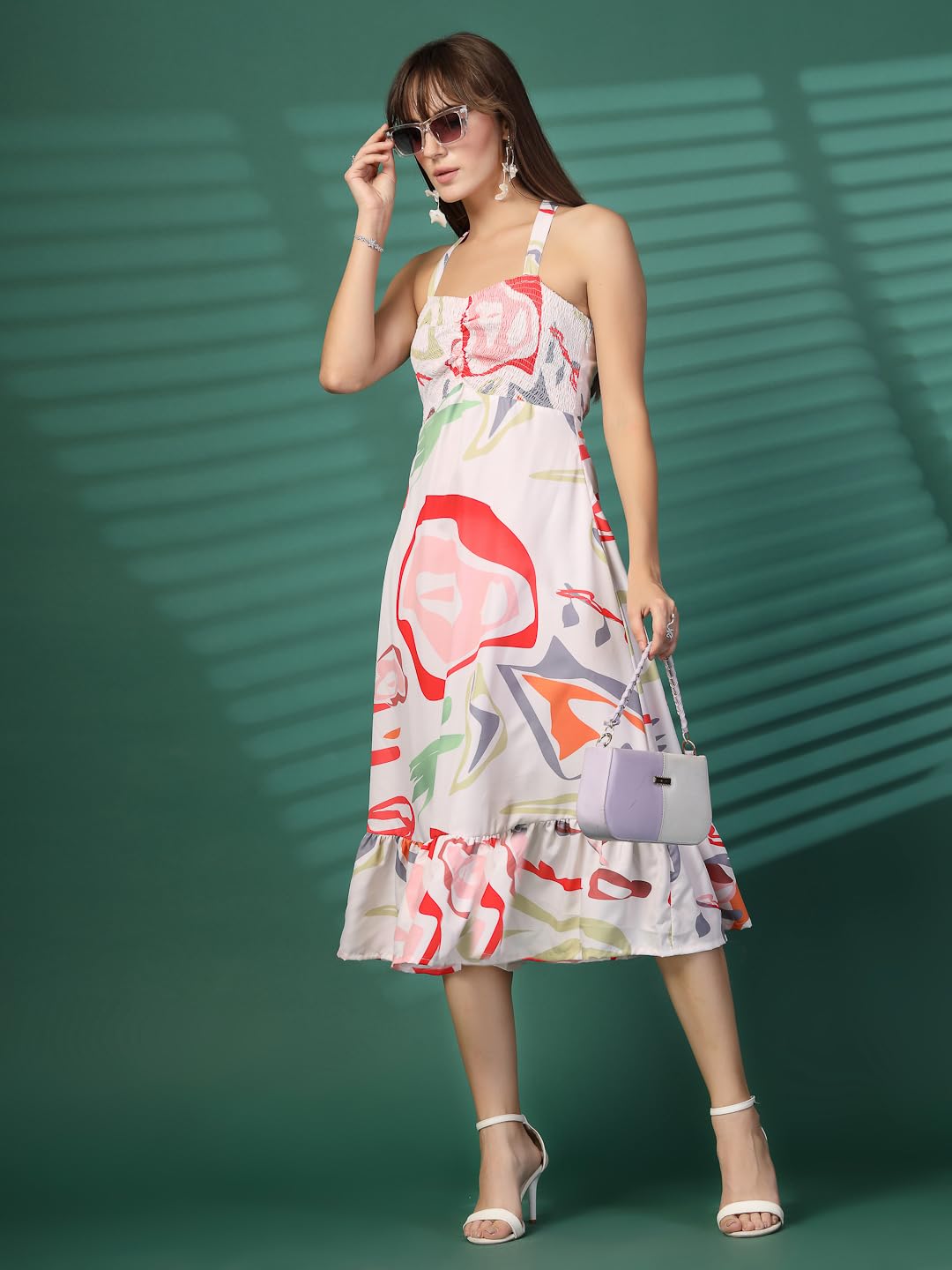 Oomph Women's Western & Fusion Wear Printed Crepe Dress For Women, Smocked Bodice, White - Md1053