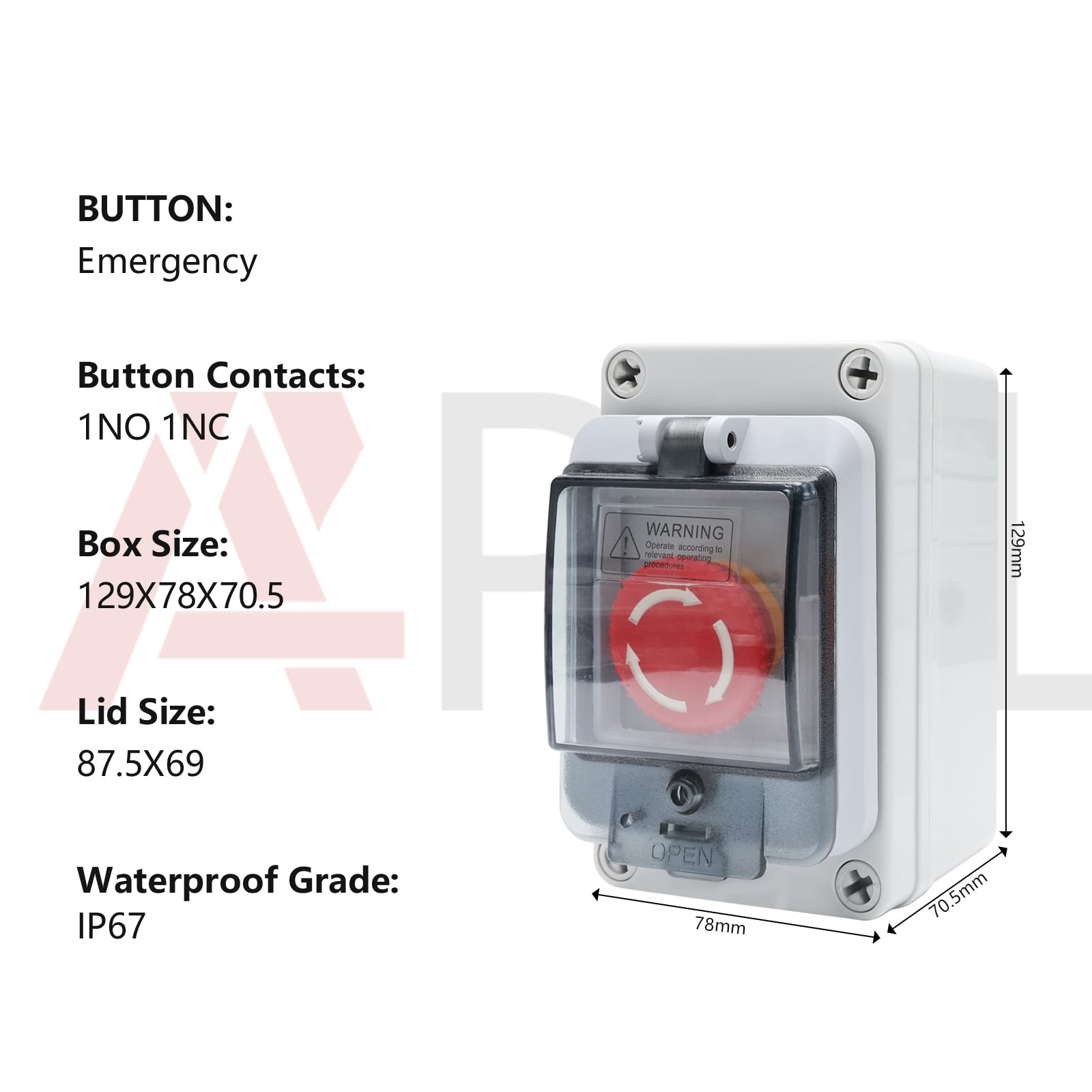 APIELE IP67 Interruptor de botón impermeable al aire libre de la caja de interruptor de parada de emergencia con cubierta protectora Interruptor anti-Misoperation