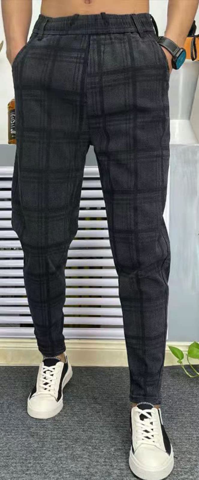 Pantalone Da Uomo A Quadri Con Vita Elastica Casual,Sottile Uomo Pantaloni Da Jogging Slim Fit,Con Tasche Alla Moda Pantaloni A Sezione Eleganti 1,33
