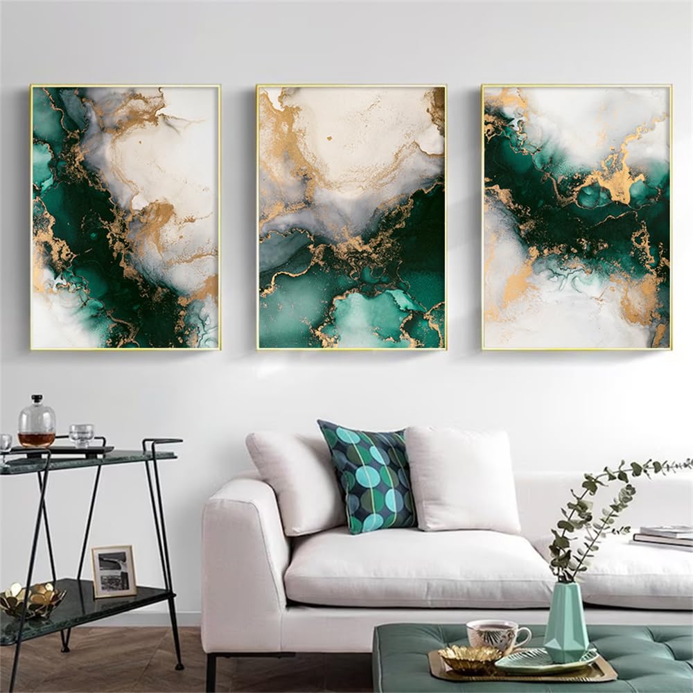 Conjunto de 3-Pósteres Nórdicos Abstractos de Mármol Verde y Dorado para Pared Arte Estético Lienzo Impreso Sala de Estar Cocina Oficina Dormitorio Decoración del Hogar-60 * 80cm (Sin marco)