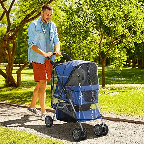 PawHut Hundebuggy, Hundewagen mit Regenverdeck, faltbarer Hundetrolley bis 10 kg, Katzenbuggy für kleine Hunde mit Netzfenster, Katzenwagen, Blau, 75 x 45 x 97 cm
