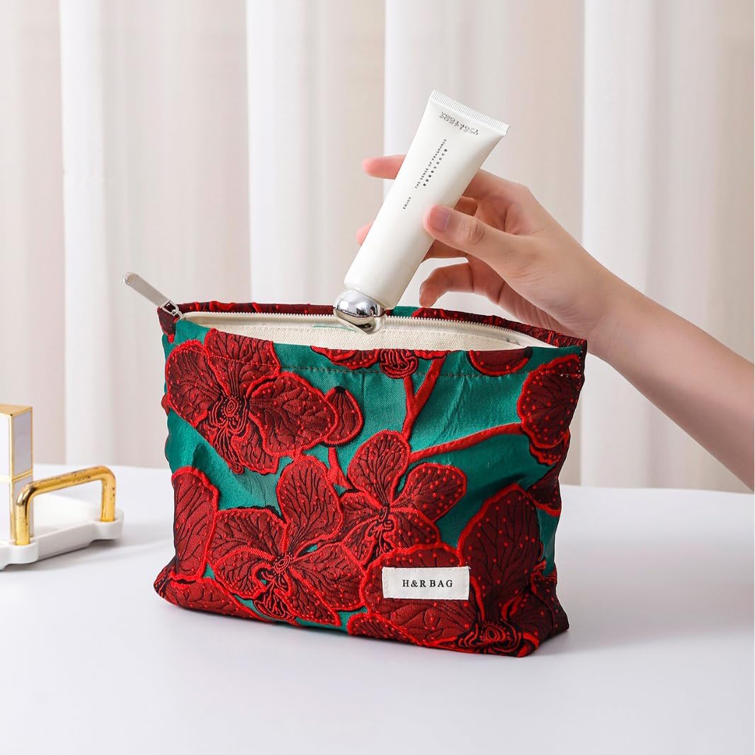 Elegant Red Floral Jacquard Cosmetic Bag Travel Makeup Pouch Organizer image 4