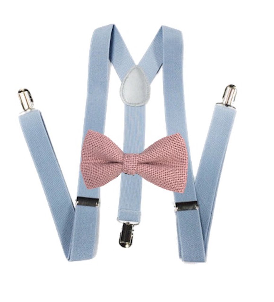Burlap Bow ties and light gray suspenders Set Combo Mens (Pink)