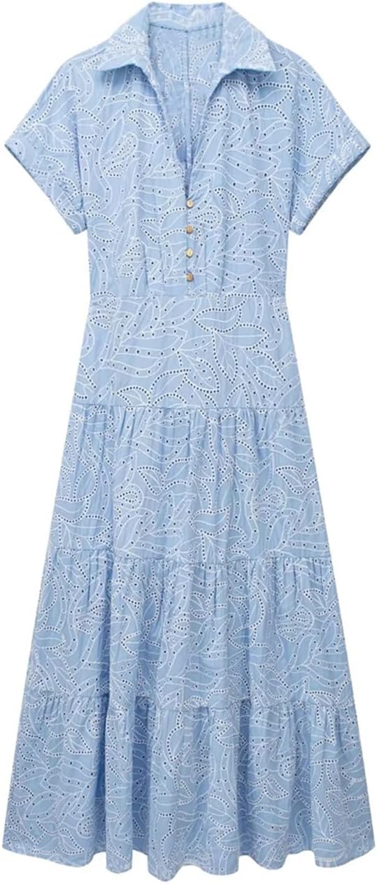 Women's Cutwork Embroidery Shirt Dress Vintage V-Neck Short
