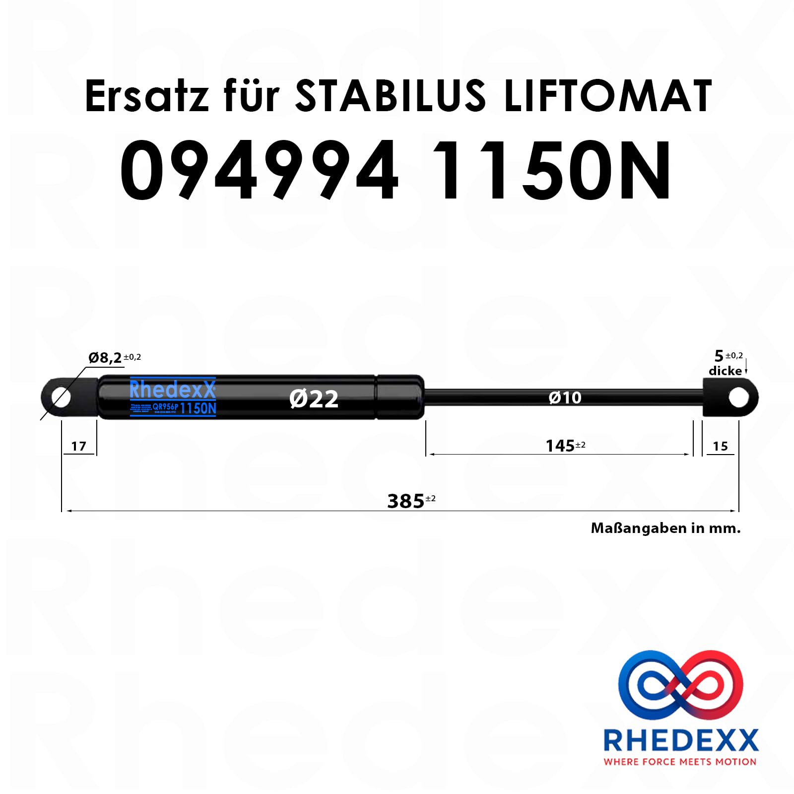 Ricambio per Stabilus Liftomat 094994 1150N molla a gas RhedexX® ammortizzatore a gas con occhio articolato saldato, 385 mm (1.150 NEWTON)