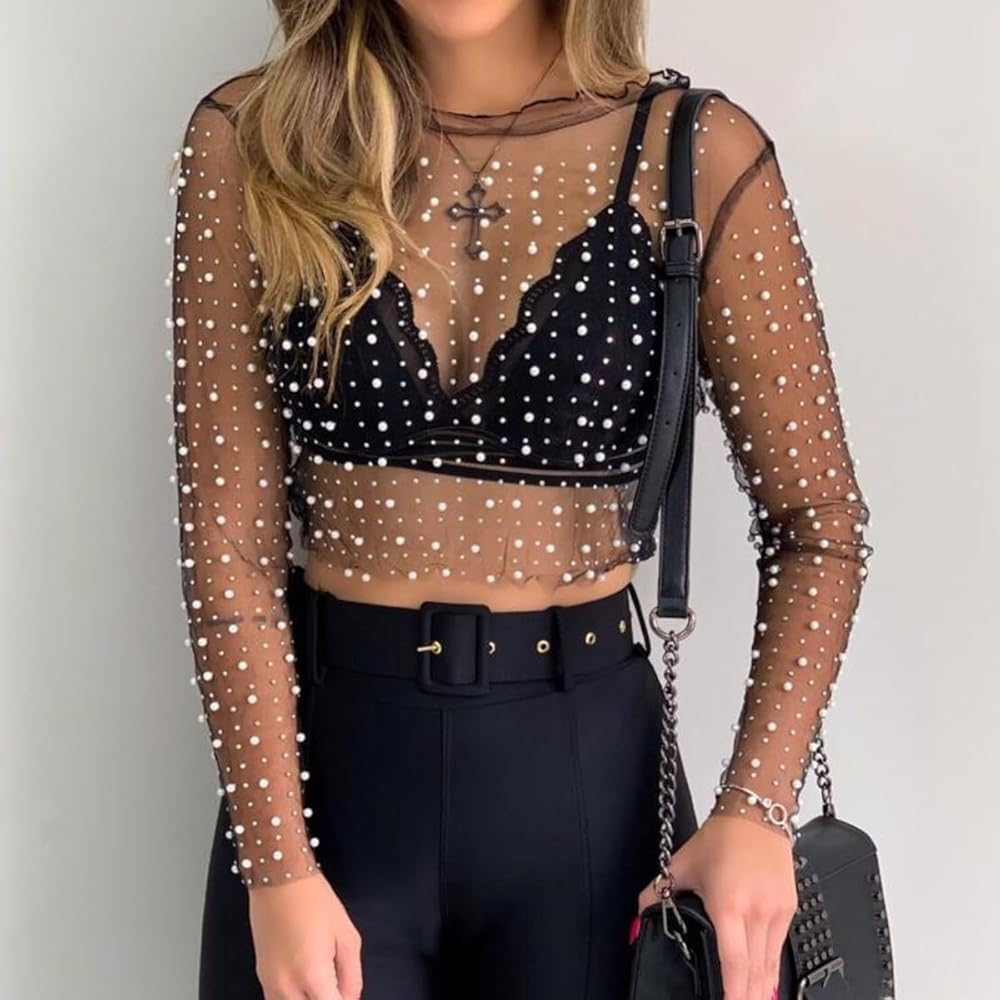 Women's Pearl Dress Cover ups Long Sleeve mesh Dress Sheer