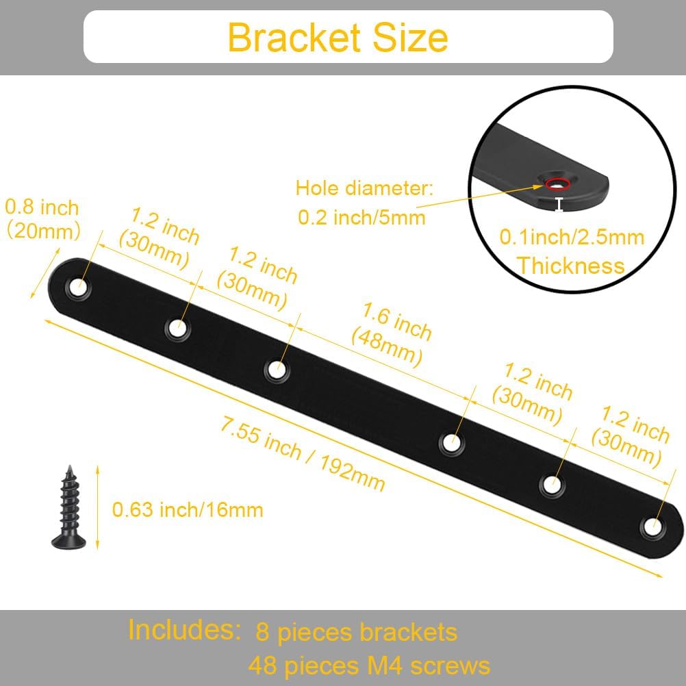 8 Pack Black Straight Brace Brackets 8 Inch Stainless Steel Flat Mending Plates, Heavy Duty Repair Fixing Joining Brackets for Wood with Screws