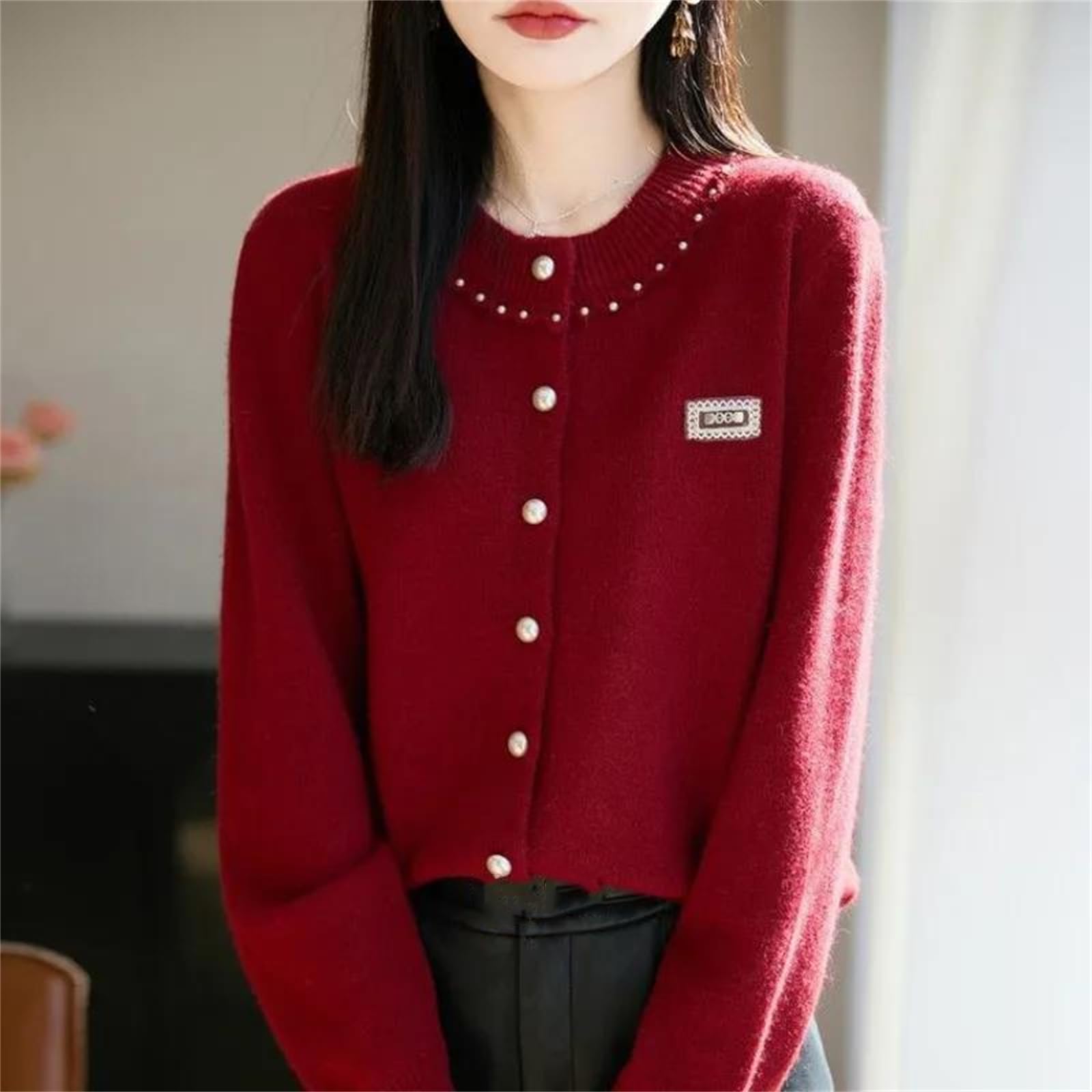Cárdigan de punto con botones y perlas para mujer, cuello redondo, holgado, de punto de retazos, para otoño e invierno, elegante chaqueta de manga larga
