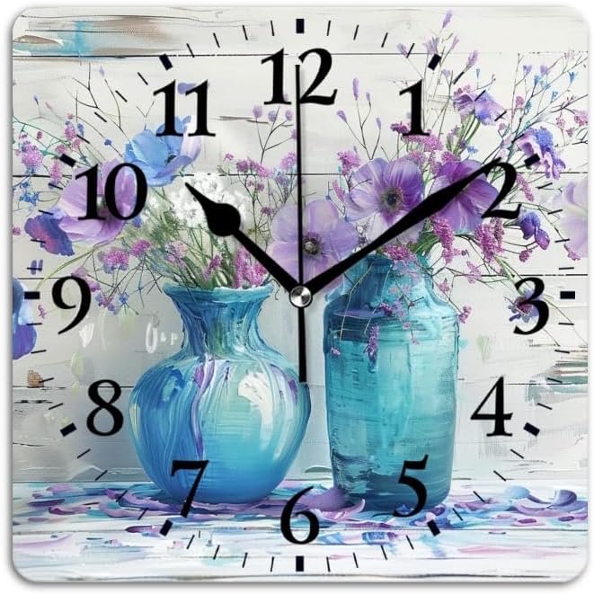 Quartz Wall Clocks Non-Ticking Silent Battery Operated Modern Wall Clocks Decorative for Home,Bedroom-Vases of Purple and Blue Flowers On White Wooden Background(16inch)