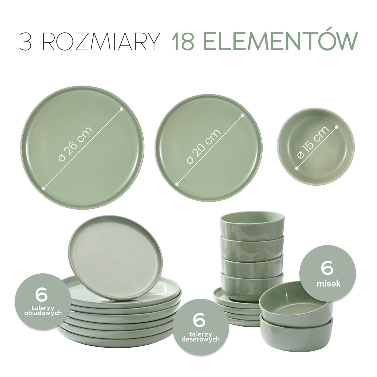 18-częściowy zestaw naczyń z kamionki porcelanowej – masywniejsze i bardziej odporne na zarysowania niż talerze i miski z kamionki, w kolorze miętowej zieleni, błyszczące | zielone naczynia stołowe po