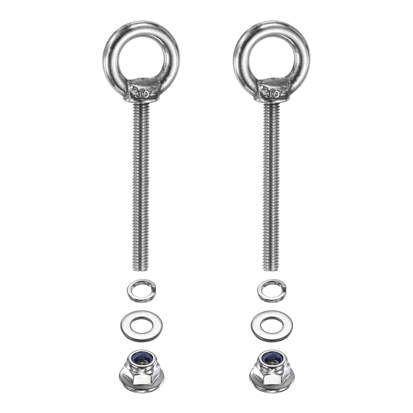 PATIKIL M4 x 40mm Shoulder Eye Bolt, 2 Pcs 304 Stainless Steel Lifting Ring Threaded Eye Bolt with Flange Lock Nuts Spring and Flat Washers for Hanging Tie Down Straps Outdoor Indoor