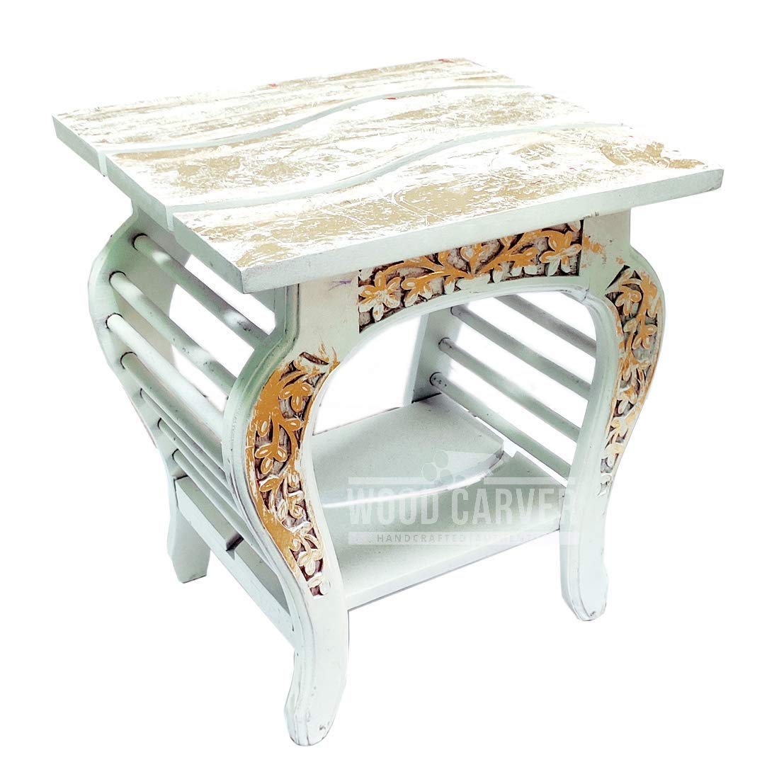Wood Carver Stool/Bedside Table for Living Room & Bedroom White Golden