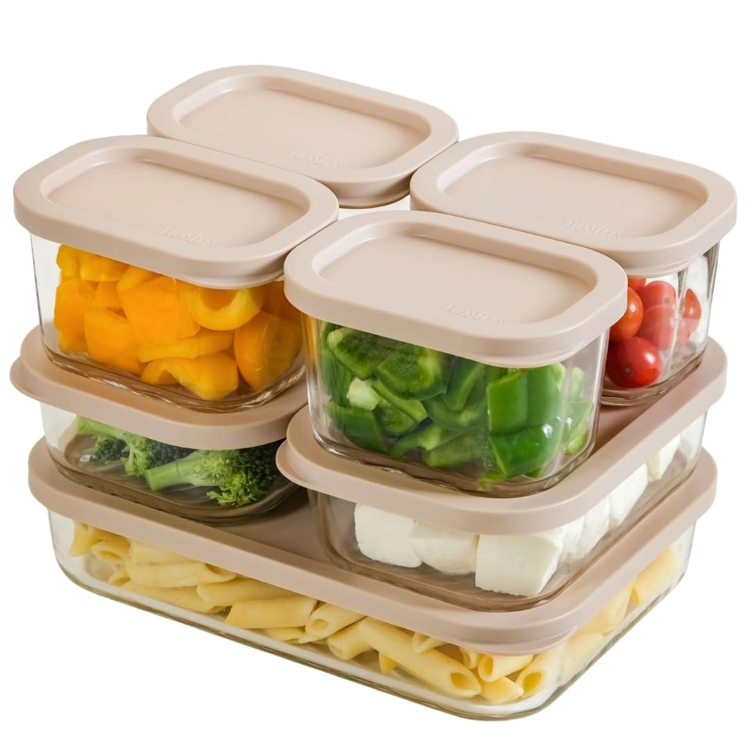 Nestasia Groovo Glass Containers with Lid Set of 7 (310ml x 4, 520ml x 2, 1200ml x 1) - Transparent Stackable Fridge Storage Box, Microwave & Dishwasher Safe (Beige)