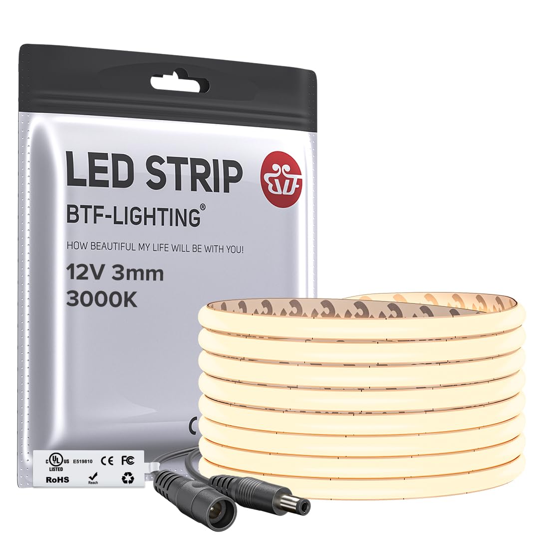 BTF-LIGHTING 3mm Ultra-Schmale FCOB COB LED Streifen CE-Zertifiziert 3000K Warmweiß 5M 12V 400LEDs/m CRI>90 Gleichmäßiges LED-Leiste Für Küche Unterschrank, Schlafzimmer, Schrank, Regal Beleuchtung
