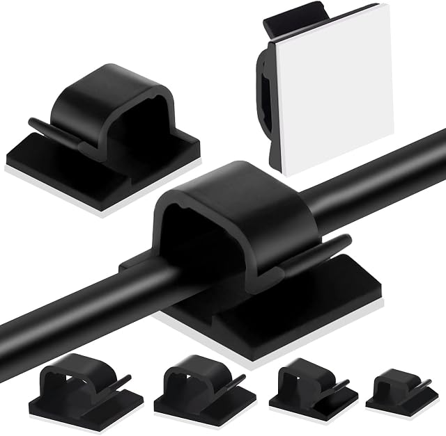 Adhesive Cable Management Clips, 60pcs Adhesive Cable Clips Wire Clips, Plastic Cable Organisers Sticky Wire Clips Wire Cord Holder, 4 Sizes (Black)