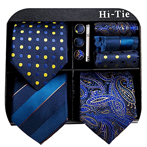 Image of Hi-Tie 3 Pcs Gift Box Mens Tie Set Necktie with Pocket Square Cufflinks Lapel Pin Silk Neck Tie Collection