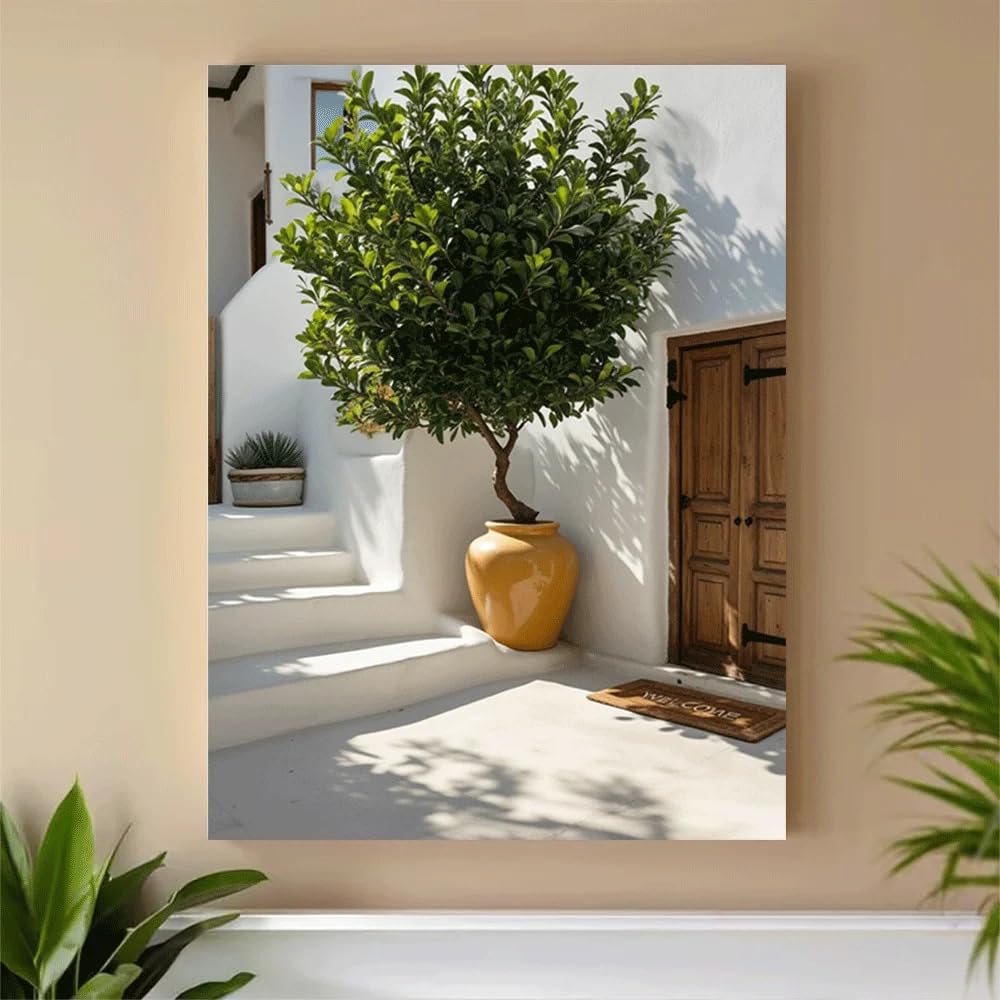 Cuadro de lienzo de árbol en patio, póster de verano minimalista