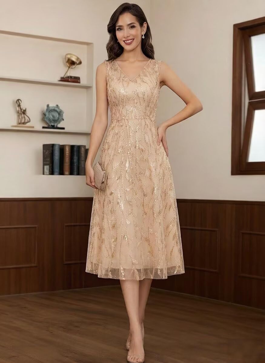 2 Piece Sequin Lace Mother of Bride Dresses with Jackets Tea Length A-Line Chiffon Formal Evening Dress