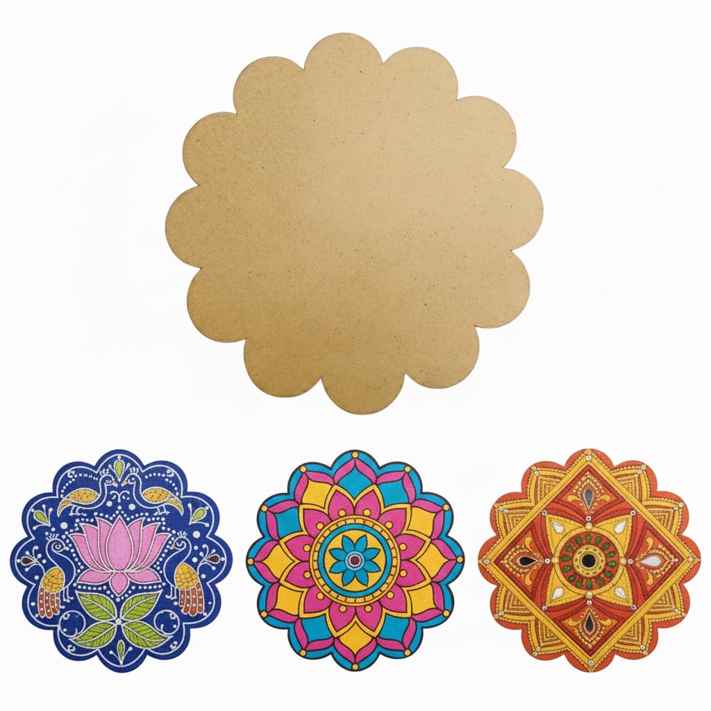CRAFNICK® DIY MDF Cutouts Flower | Pine Wood 10 Inch 2.5mm Thick | Unfinished Wood Slices for Resin Art, Lippan, Mandala Painting | MDF Boards for Art and Craft | DIY MDF Cutouts | MDF Plaque (5)
