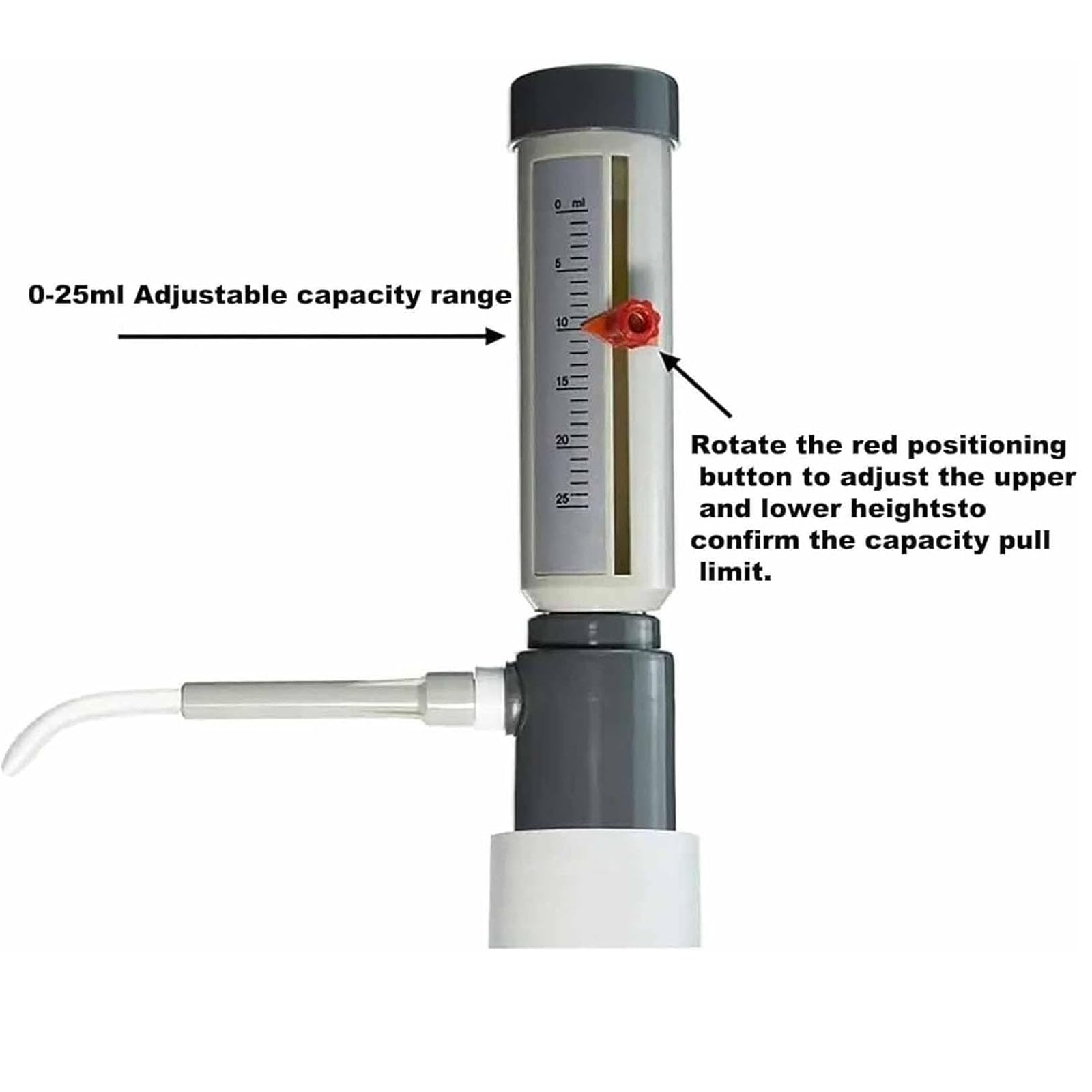 Doseur À Manchon Ajustable pour Liquides, Distributeur De 0 À 25 ML pour Flacon De Laboratoire avec Flacon en Plastique De 1000 ML, Dosage Ajustable, Graduation Précise, 1000ml