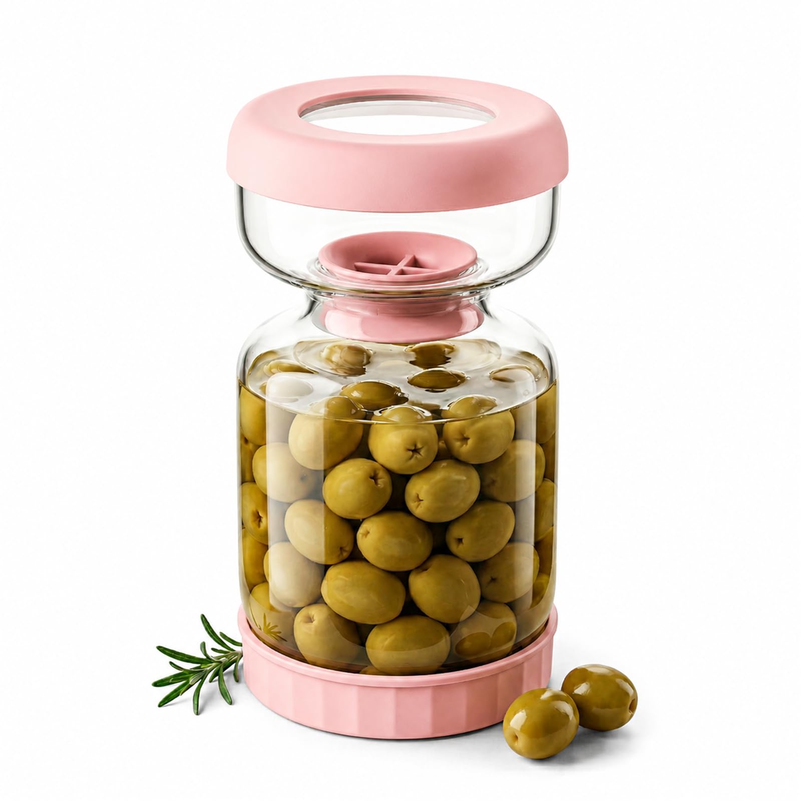 Homnoble Olive Pickle Jar Container with Strainer Pickling Jar, Glass Pink | Hourglass Pickle Flip Jar with Strainer, Pickle Holder Keeper Upgrade