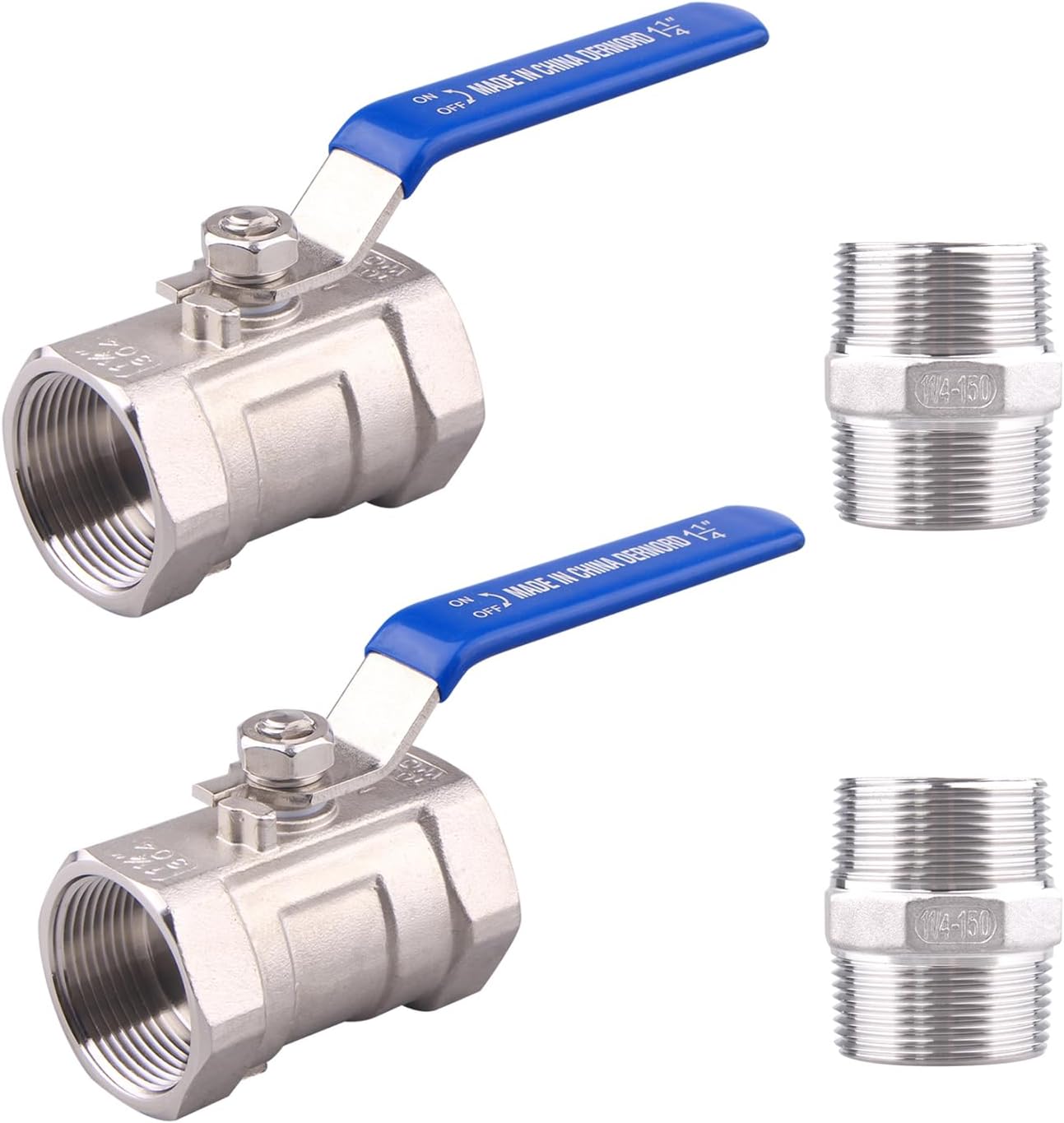 DERNORD 1PC Type Stainless Steel 1-1/4 Inch Ball Valve NPT Standard Port with Male Hex Nipple for Water, Oil, and Gas (Pack of 2)