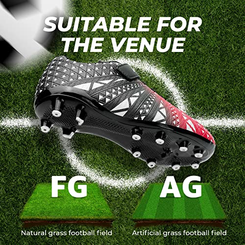 ASHION Unisex-Kids Soccer Cleats for Boys Girls Turf Firm Ground No-Tie Football Shoes Durable Red/Black