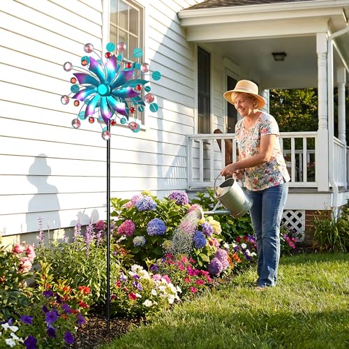 Image of Solar Wind Spinner Outdoor - Metal Kinetic Wind Sculptures with Sparkling Jeweled Ornaments, Blue & Purple Gradient Dual-Direction Spinner, Solar LED Glass Ball Yard Art for Garden Patio Decor