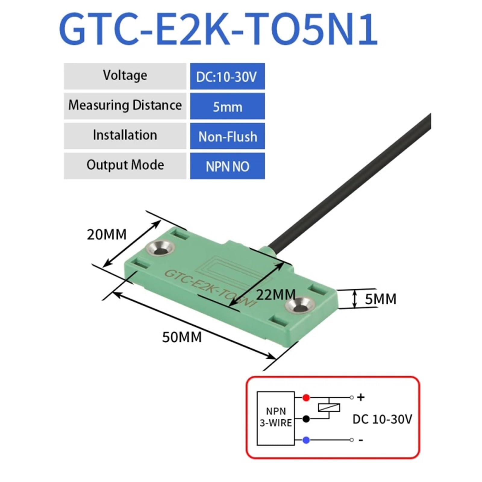 Kapazitiver Näherungssensor mit quadratischem Schalter Cbn5-f46-e0/1/2/3, 12–24 V DC, 3-adrig, NPN/PNP, Schließer/Öffner, Erfassungsabstand 5 mm(5MM DC3-wire NPN NO)